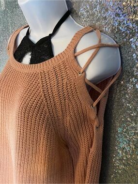 Ambiance Blush Pink Lace-Up Cold Shoulder Sweater | Cozy Boho Chic | M